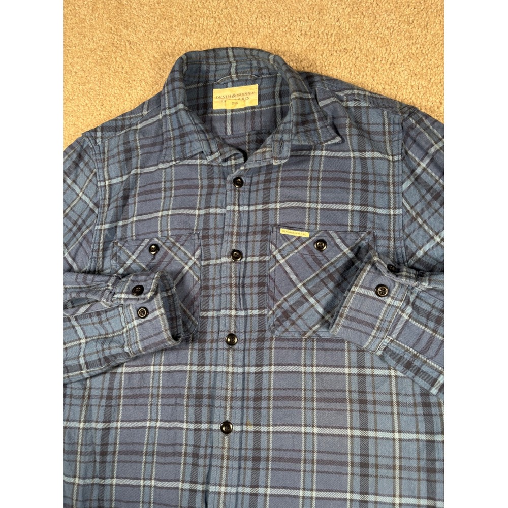 Denim & Supply Ralph Lauren Mens Medium Blue Plaid Flannel Button Down Shirt VTG
